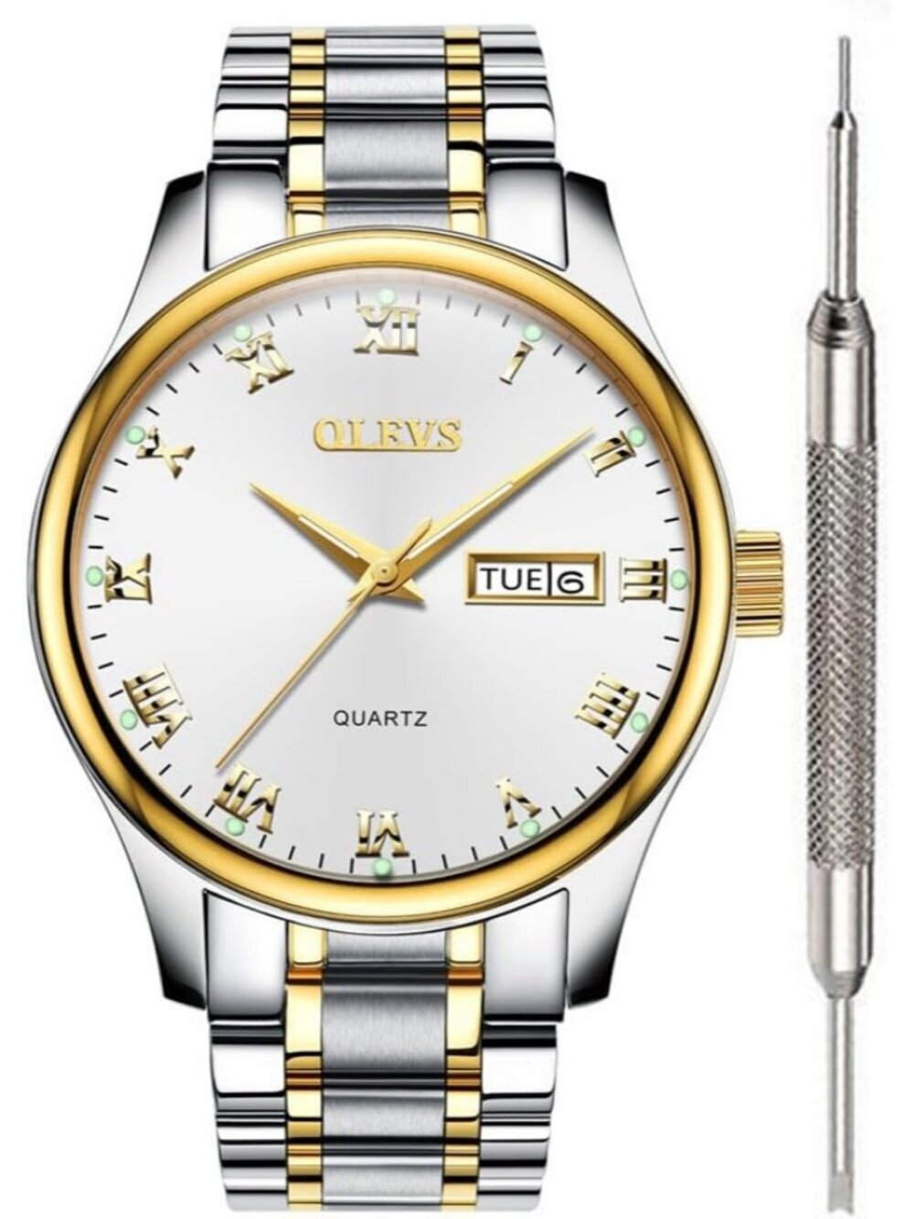 Olevs Men's Gold Silver Stainless Analog Quartz Waterproof Luminous Wrist Watch